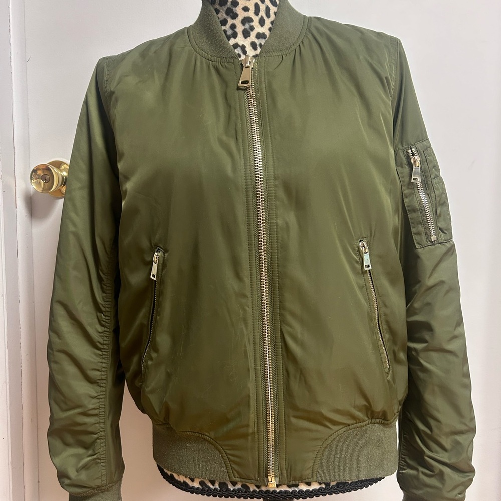 TOPSHOP - Military Bomber Jacket Green Satiny Size 8